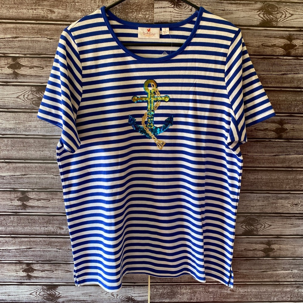 Quacker‎ Factory Women's Short-Sleeved Top Sz L Blue Striped Sequins Anchor NWOT